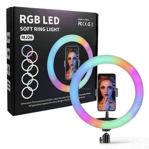 MJ26 RGB LED Ring Light with Tripod Stand and Phone Holder – 26 cm Dimmable Selfie Light for YouTube, TikTok, Makeup & Live Streaming