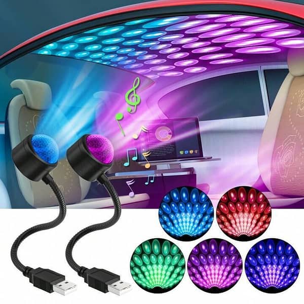 R9 Colorful LED Car Roof Star Night Light Projector - Mini USB Ambient Galaxy Lamp with 7 Color Modes, Interior Decoration & Sunset Effect for Car & Home Use