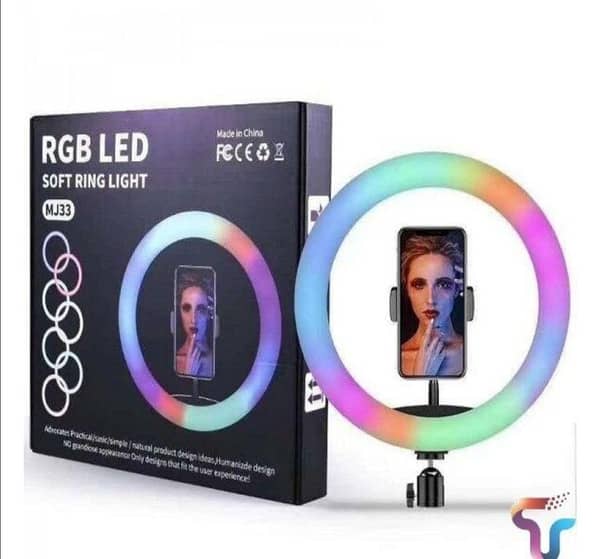 "MJ33 RGB Ring Light 32CM with Phone Holder & Tripod – 3 Lighting Modes for Photography & Video – Black"