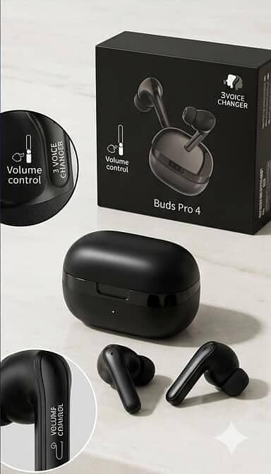 Buds Pro 4 Wireless Earbuds Bluetooth 5.3 with Voice Changer, Heavy Bass, Gaming Mode, Touch & Volume Control, and Long Battery Life
