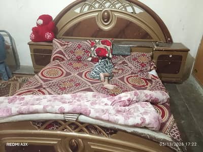 double bed with mattress and 02 side tables and 01 singhar table