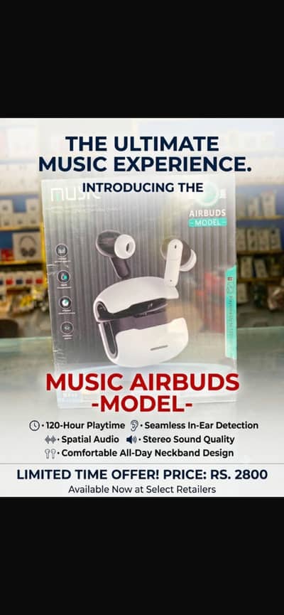 MUSIC Airbuds (Latest Model) – 120-Hours Playtime & Spatial Audio