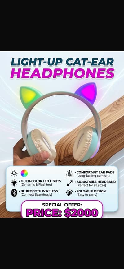 GlowGroove Light-Up Wireless Cat-Ear Headphones