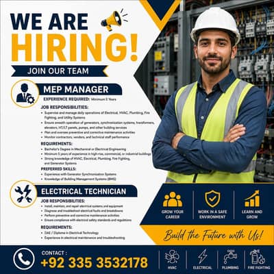 MEP Manager & Electrical technician jobs