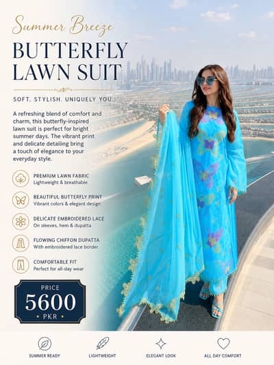  Butterfly Breeze Premium Lawn Suit – Sky Blue Elegance