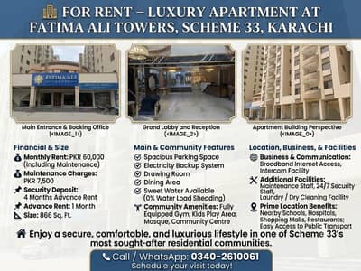 FOR RENT 2BED DD Luxury Apartment at Fatima Ali Towers 1, Scheme 33, Karachi