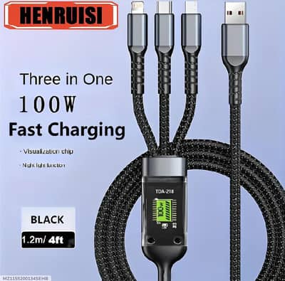 100 Wat Fast Charging Cable Black  Nylon 3-in-1