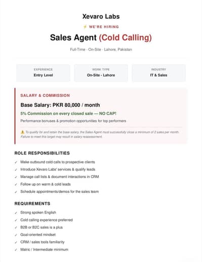 HIRING NOW – Sales Agent (Cold Calling) | Xevaro Labs | Lahore
