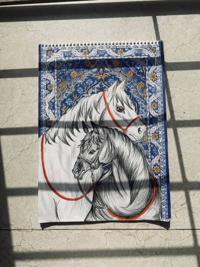 handmade horse art with arabic rug art background