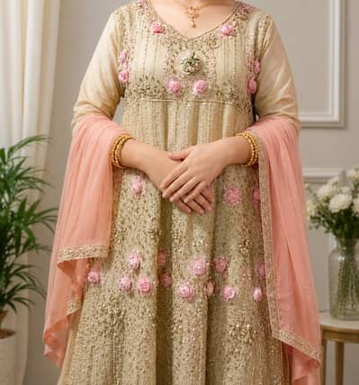 Heavy Embroidered Party Wear Frock with Peach Shalwar & Dupatta
