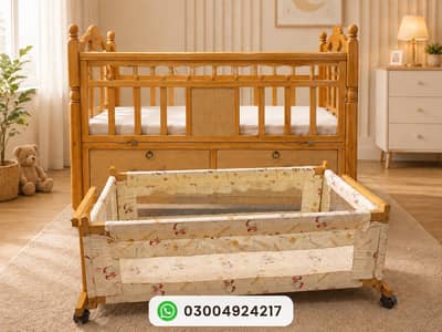 Used Wooden Baby Cot with Cradle / Palna – Storage Drawers – Good Con