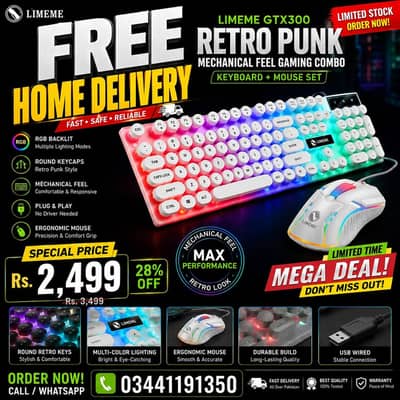 RGB Retro Punk Gaming Keyboard + Mouse Combo | Mechanical Feel | FREE