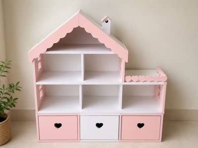 Kids Toy Organizer / Wooden Storage Shelf with Drawers – Pink & White