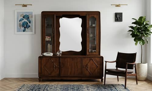 Retro Dark Wood Vanity Credenza with Scalloped Mirror