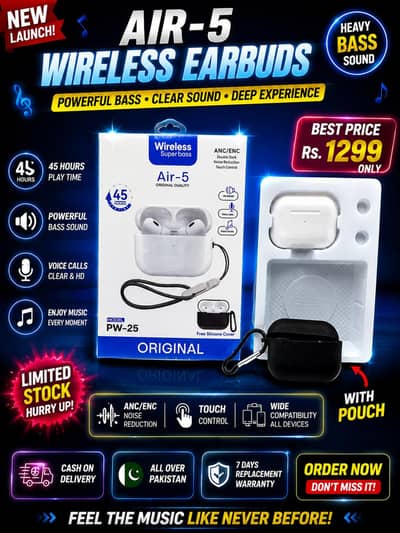  AIR-5 Wireless Earbuds – Heavy Bass Edition 