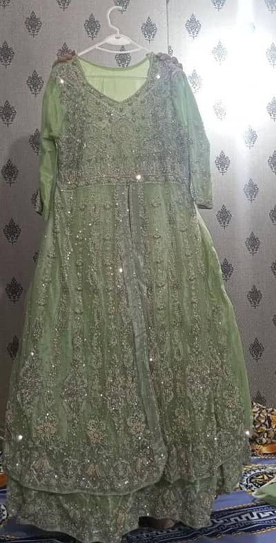 Eastern Heavy Embroidered pista Green Frock M/L zardozi work