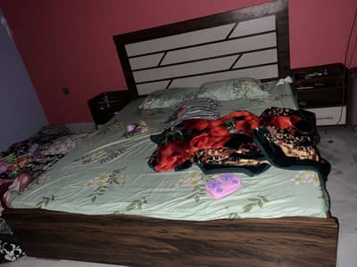 Wooden Bed with Wardrobe, Mirror, and Two Side Tables