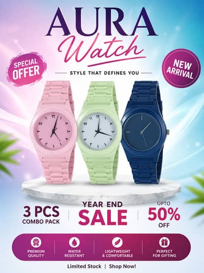 Aura Women's Analog Wrist Watch – Available in Pink, Green & Navy Blue