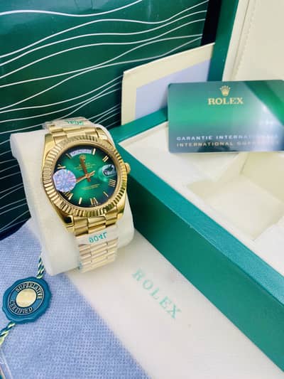Rolex Day-Date Style Gold Watch Green Dial | Box & Card Included