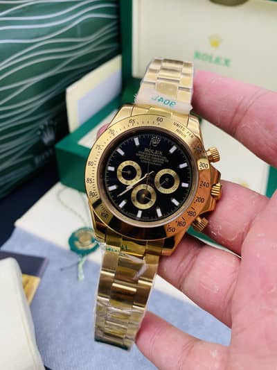 Rolex Daytona Style Gold Watch Black Dial | Box & Card Included