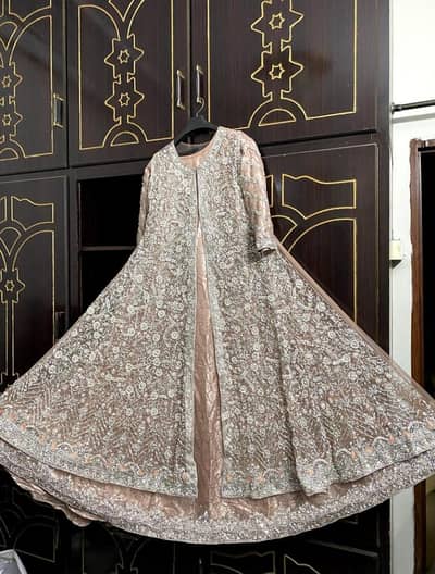 Peach Open Gown Bridal Lehenga Small Size Tailed Dupatta Rawalpindi