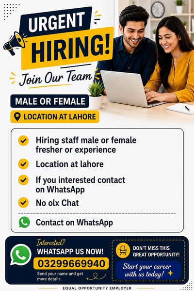 URGENT HIRING  MALE OR FEMALE  LOCATION AT LAHORE