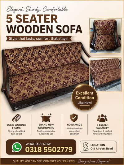 5 Seater Pure wood  Excellent Condition sofa set