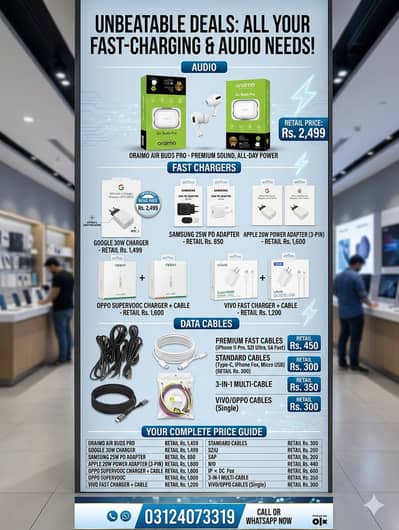 Google, Apple, Samsung & Oppo Fast Chargers + Data Cable