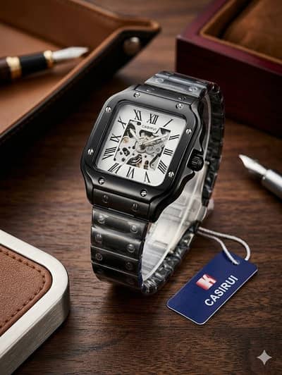 CASIRUI Skeleton square watch for men's luxury stainless Steel