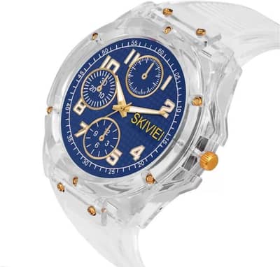 Transparent Analog Watch for Boys with gold Accents and bule dail.
