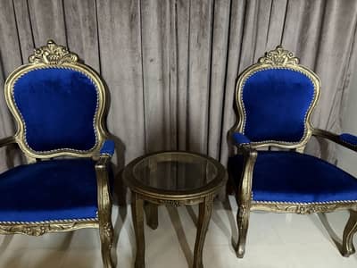 Luxury Royal Blue Velvet Chairs (2) + Center Table