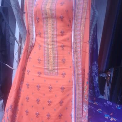 3pc orange printed lawn unstitched shirt dupatta troser 7.30 meter