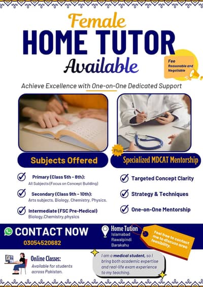 Expert Female Home & Online Tutor | MDCAT Specialist