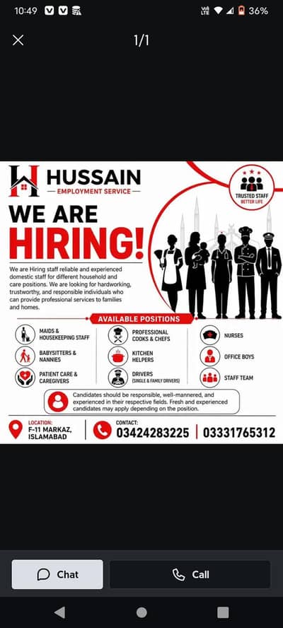 We Are Hiring Experienced Domestic Staff Required