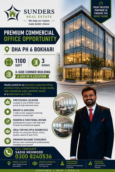 Dha Ph 6 Bokhari Com | 1100 Sqft | 3 Rooms | 3-Side Corner Gem | Ideal For Executive Corporate Office / Premium Clinic / Architect / Interior Design Studio High-End Beauty Salon / Aesthetic Studio / Tech Start-up / IT Firm