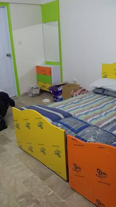 kids room bed, cupboard