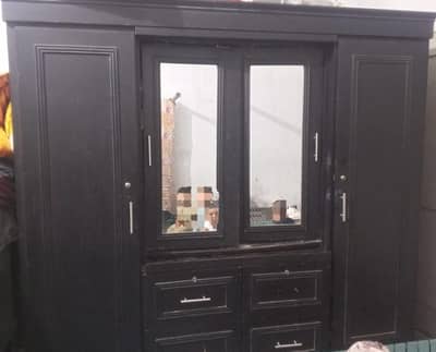 4 Door Black Wooden Almari with Mirror & 4 Drawers - Used Lala Musa