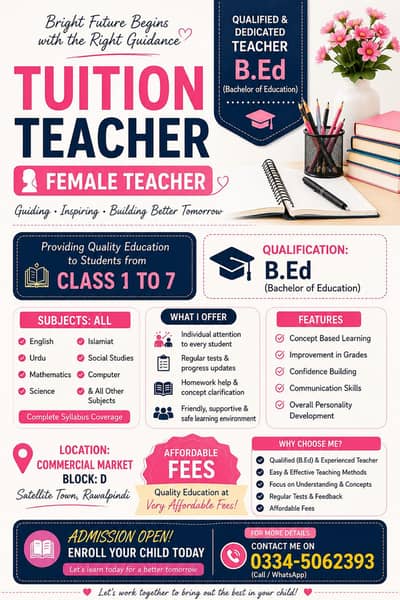 Qualified B. Ed Female Tuition Teacher – All Subjects