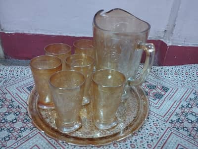 Vintage Amber Glass Water Set | 1 Jug, 6 Glasses + Tray