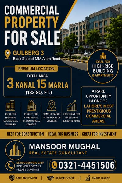 Gulberg-III Back of MM Alam Road 3 kanal 15 Marla 133sqft Poroperty For Sale Demand 65 crore