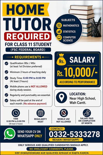 Teacher Required class 11 FCS in Wah Cantt