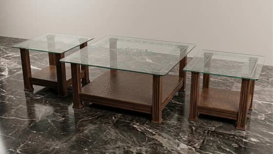 Original Wood 3-Piece Glass Table Set (Center Table + 2 Side Tables)