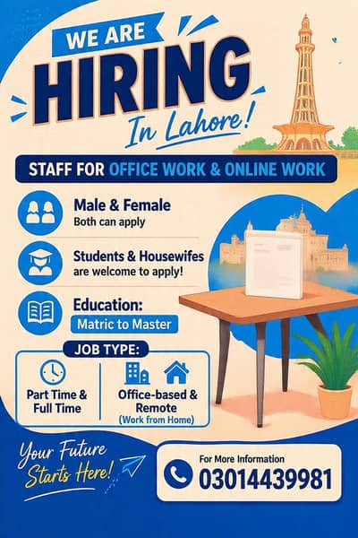 we are hiring staff male and female.