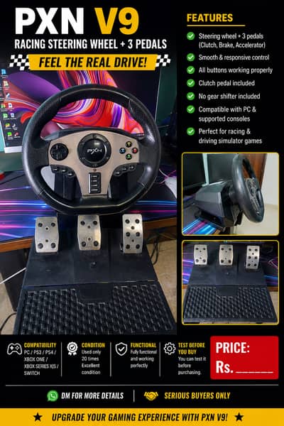 PXN V9 Racing Steering Wheel + 3 Pedals for Sale