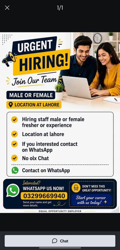 URGENT HIRING  MALE OR FEMALE  LOCATION AT LAHORE