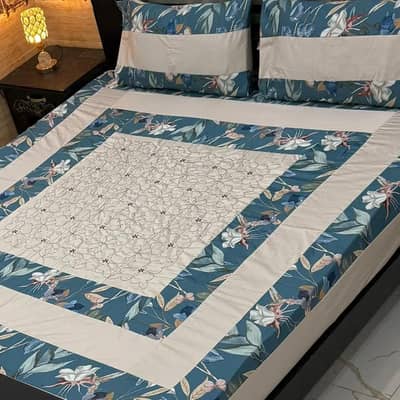 Stylish 3 Pcs Cotton Sotton Embroidered Patchwork Double Bedsheet