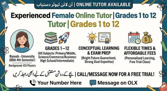 experienced female online tutor (Available grade 1 to 12)