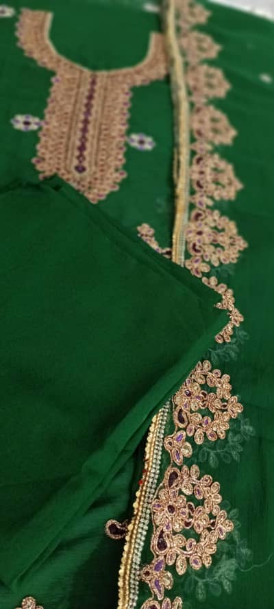  Emerald Green Heavy Zari Embroidered Chiffon 3pc Unstitched Suit