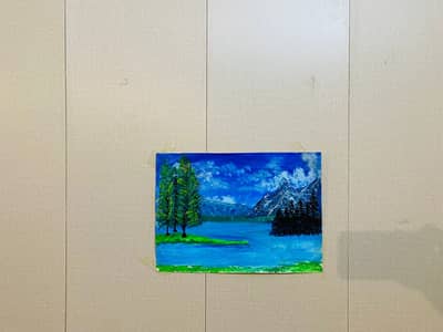 12x12 Handmade Mountain Lake Canvas Painting | Blue Landscape Art