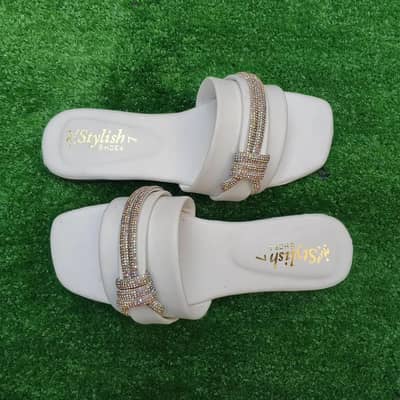 Women's White Rhinestone Flat Sandals | Wedding Party Wear Fancy Flat